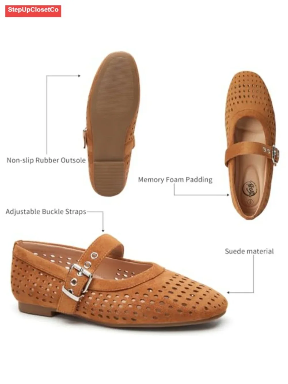 Womens Mary Jane Flats Shoes PU Suede Ballet Flats Memory Foam Cushioned Round